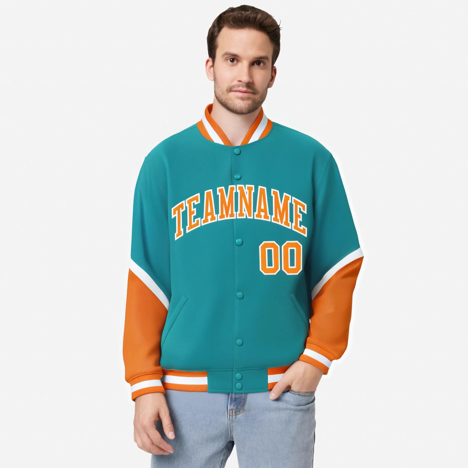 Custom Aqua Orange-White Varsity Full-Snap Color Block Letterman Jacket