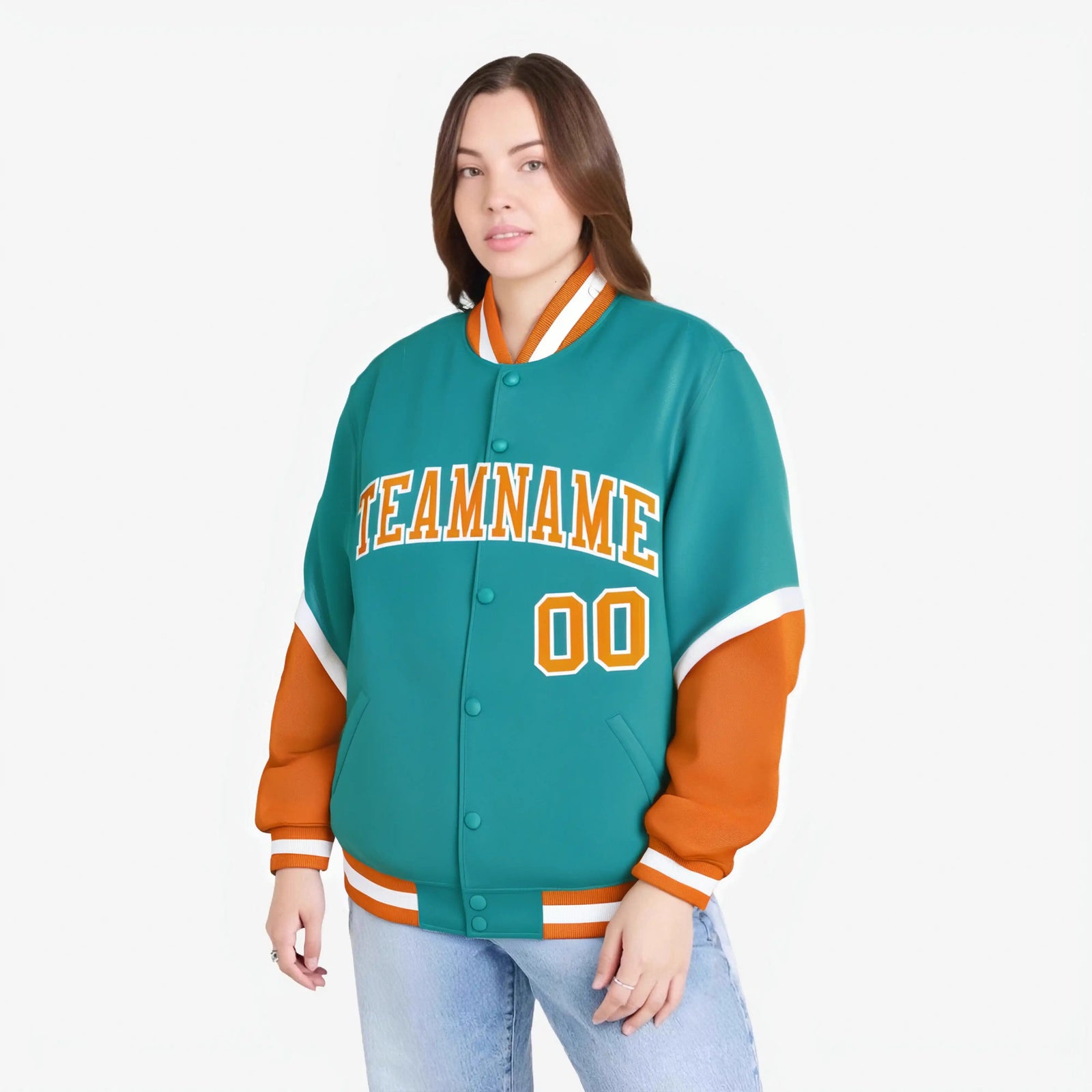 Custom Aqua Orange-White Varsity Full-Snap Color Block Letterman Jacket