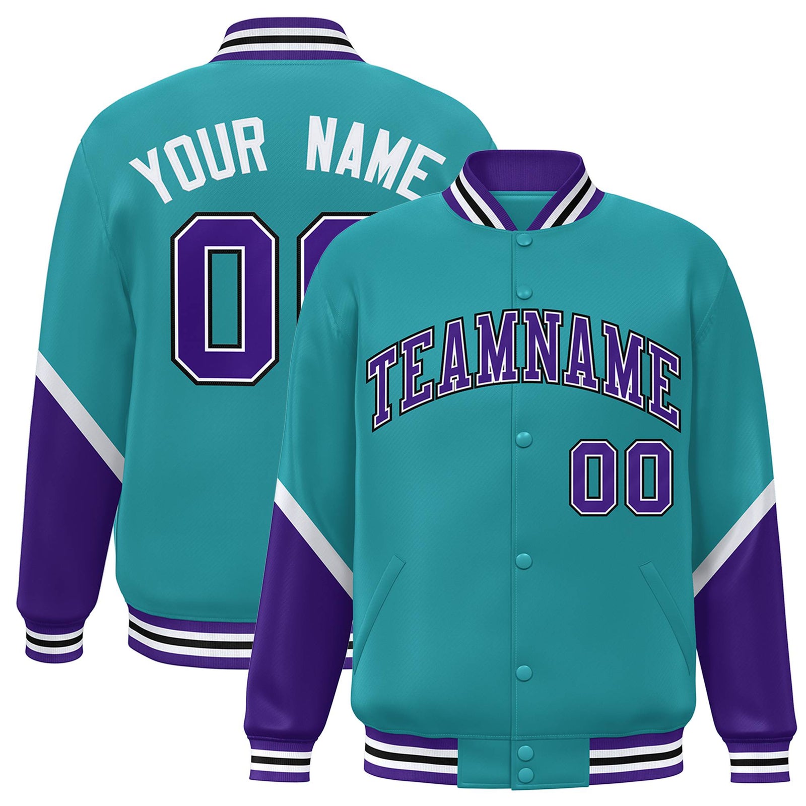 Custom Aqua Purple-White Varsity Full-Snap Color Block Letterman Jacket