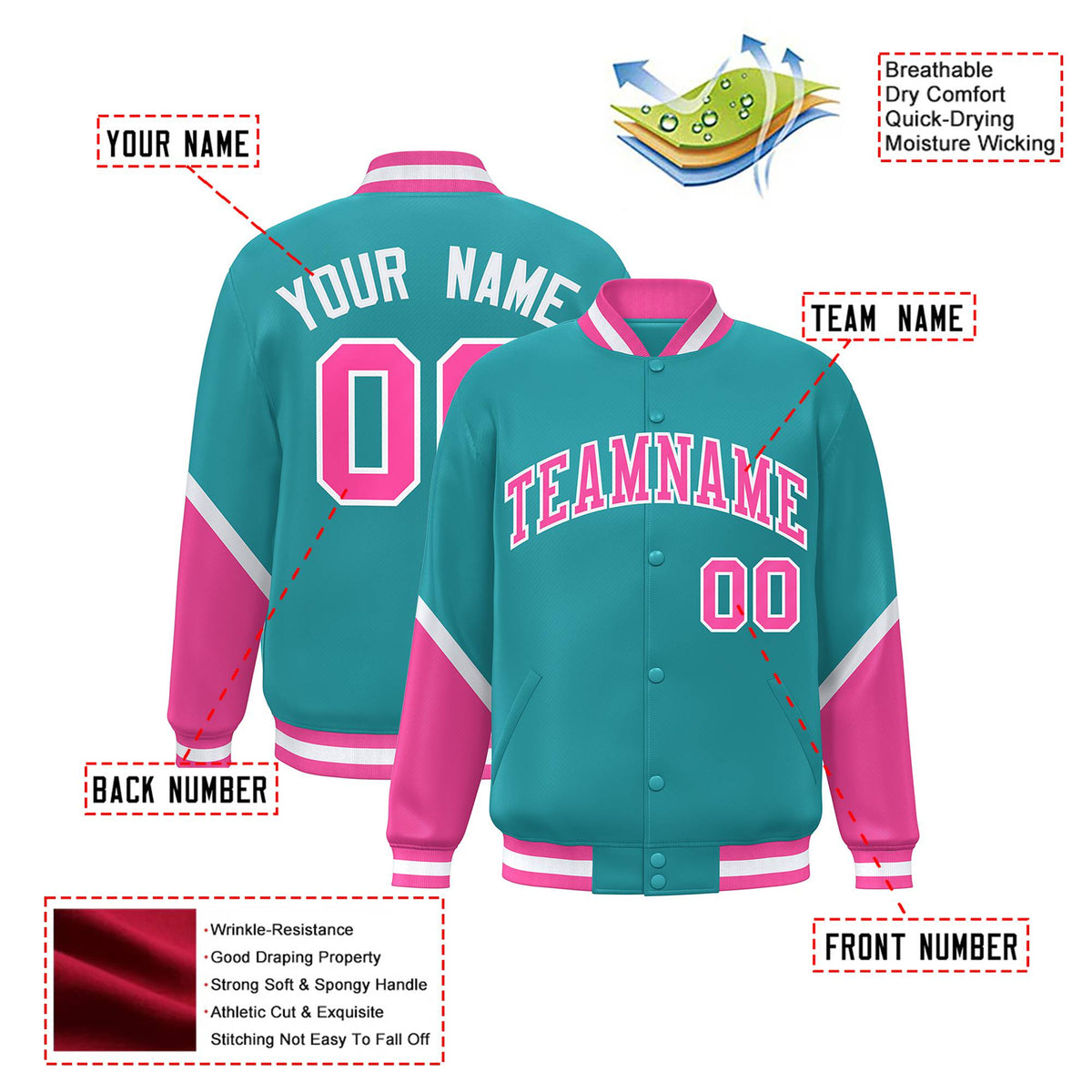 Custom Aqua Pink-White Varsity Full-Snap Color Block Letterman Jacket