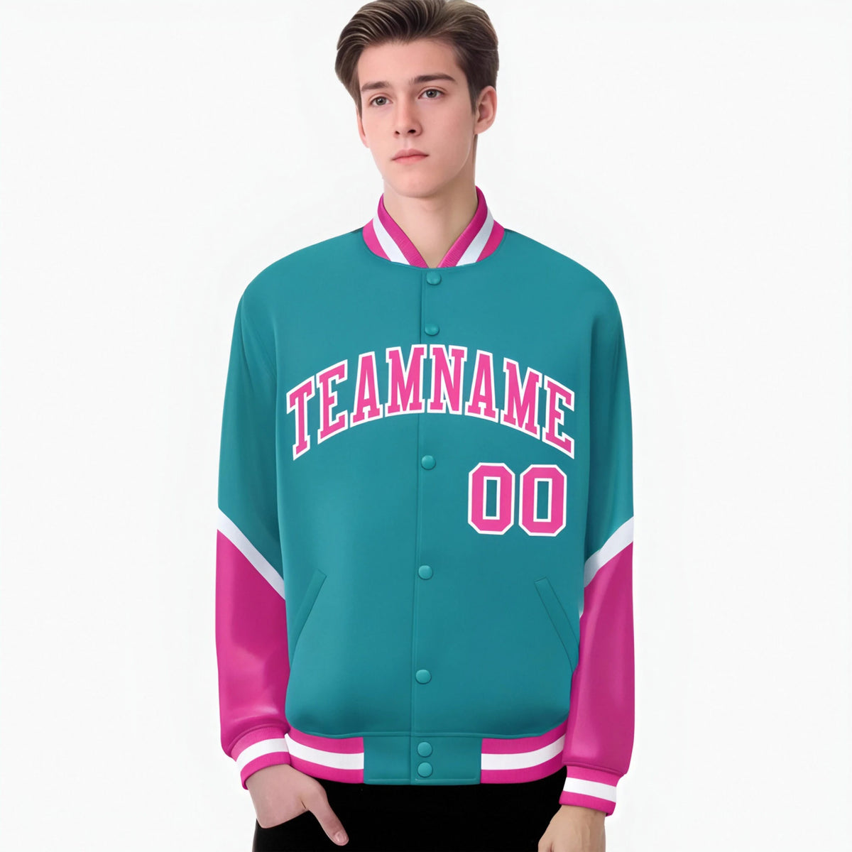 Custom Aqua Pink-White Varsity Full-Snap Color Block Letterman Jacket