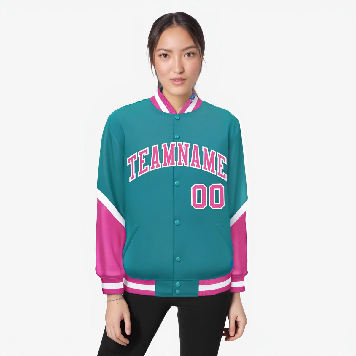 Custom Aqua Pink-White Varsity Full-Snap Color Block Letterman Jacket