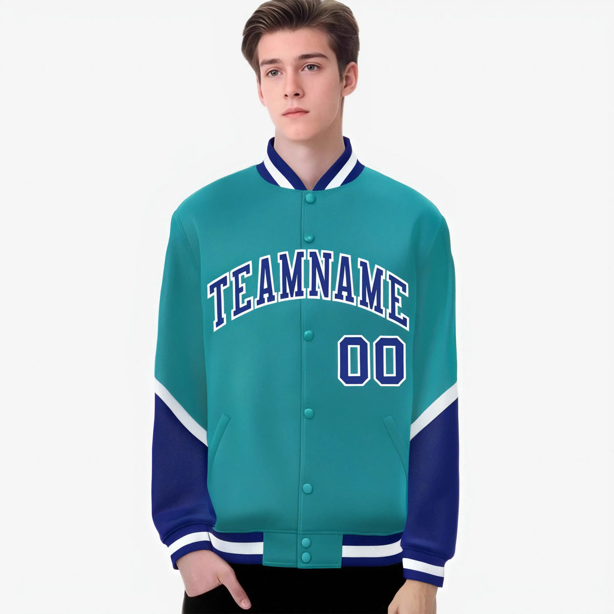 Custom Aqua Royal Blue-White Varsity Full-Snap Color Block Letterman Jacket