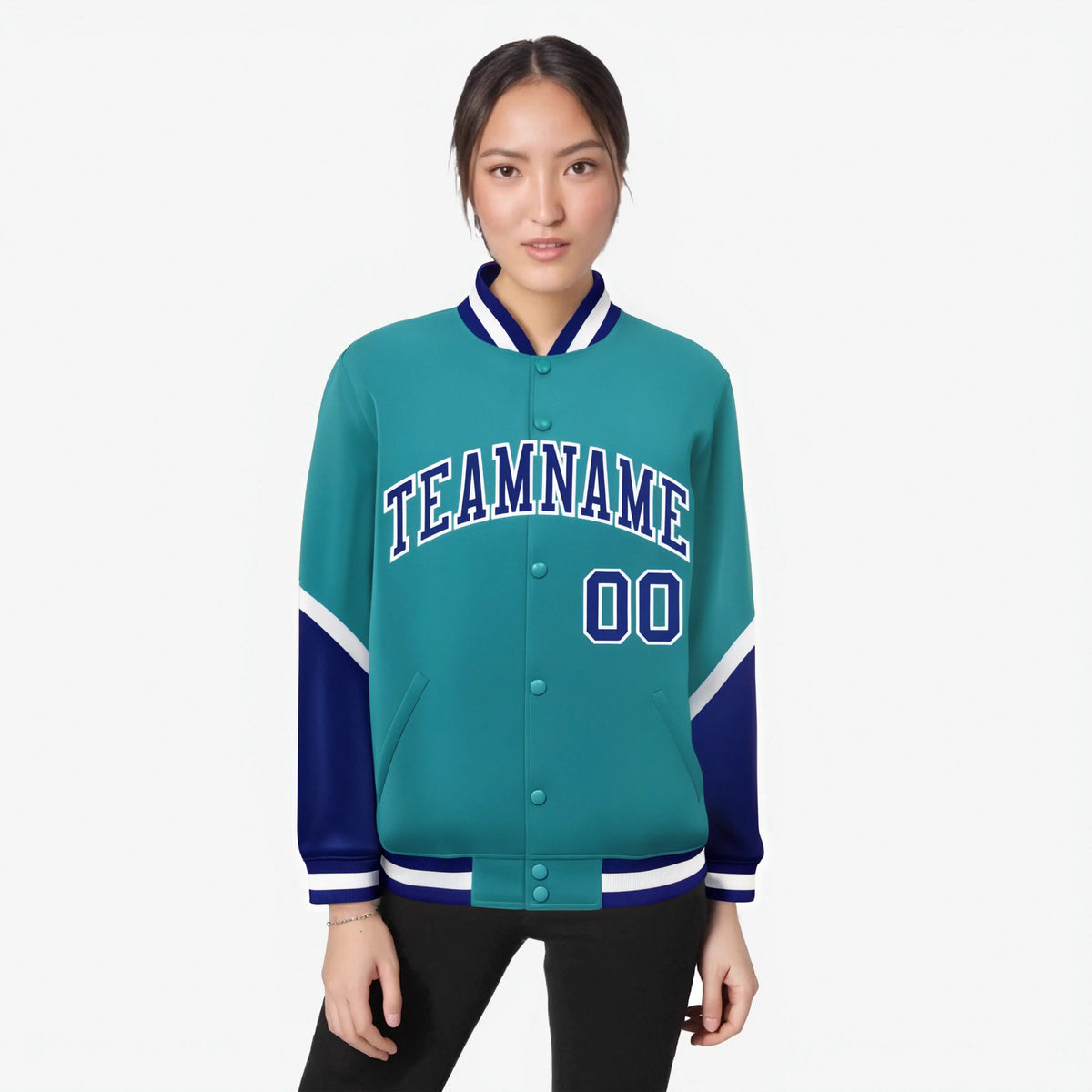 Custom Aqua Royal Blue-White Varsity Full-Snap Color Block Letterman Jacket