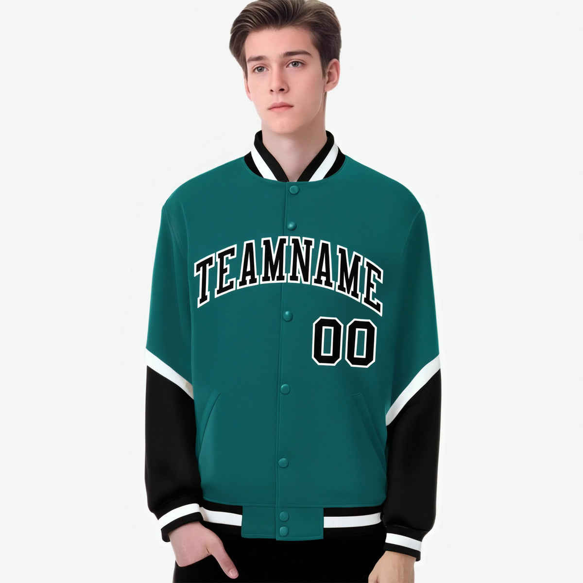 Custom Aqua Royal Black-White Varsity Full-Snap Color Block Letterman Jacket