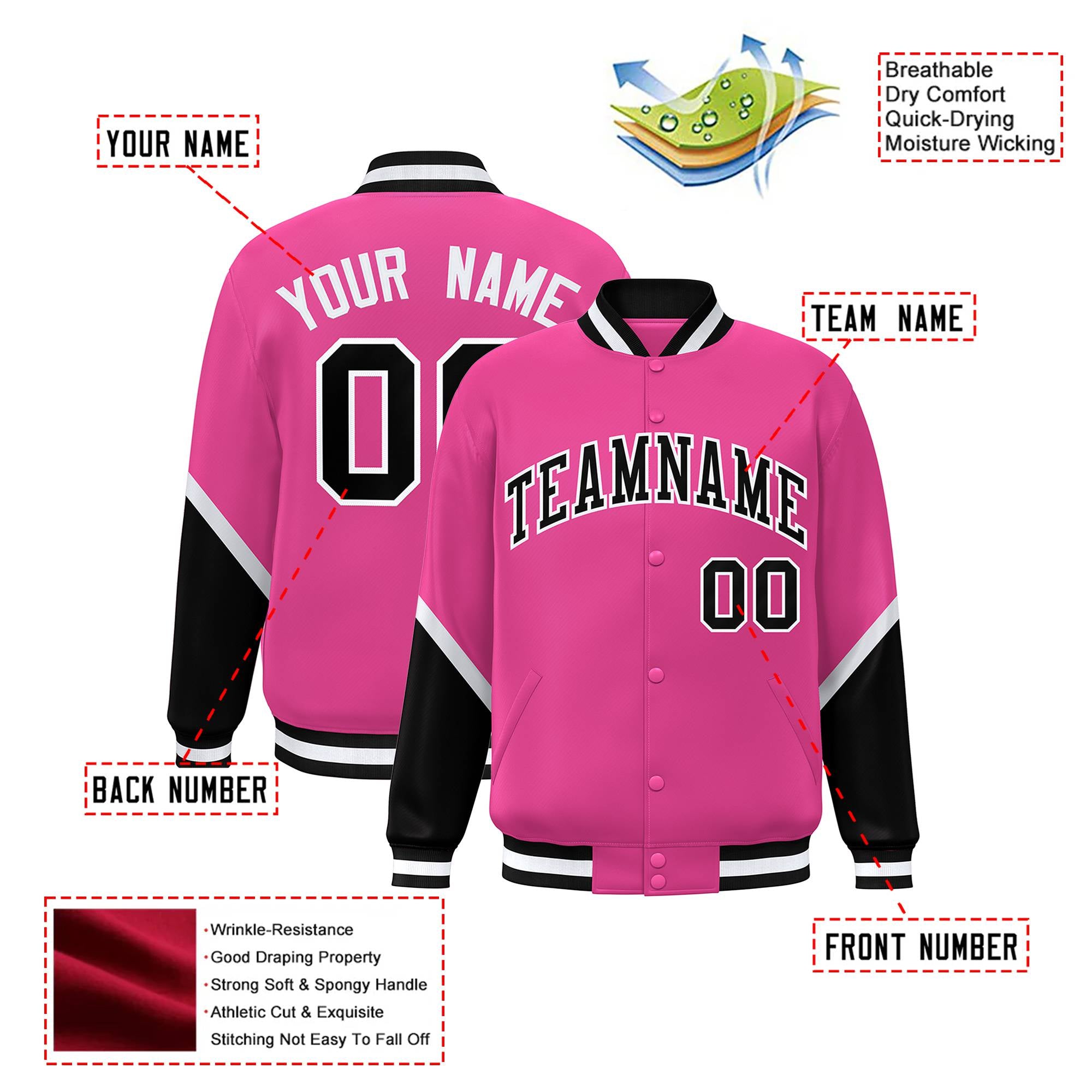 Custom Pink Black-White Varsity Full-Snap Color Block Letterman Jacket