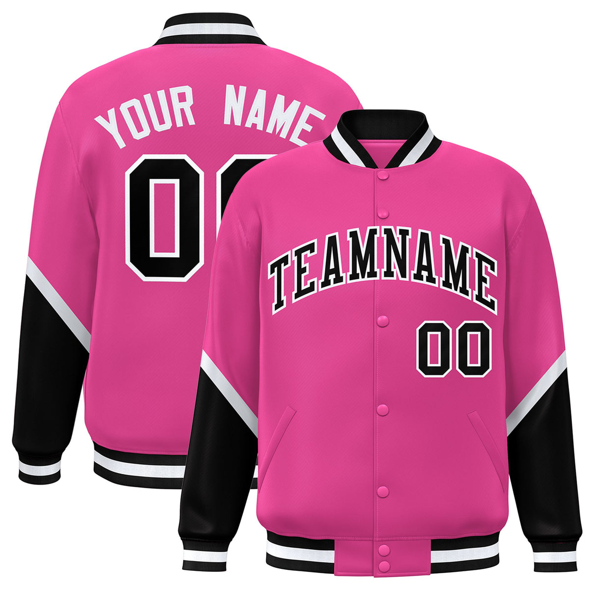 Custom Pink Black-White Varsity Full-Snap Color Block Letterman Jacket