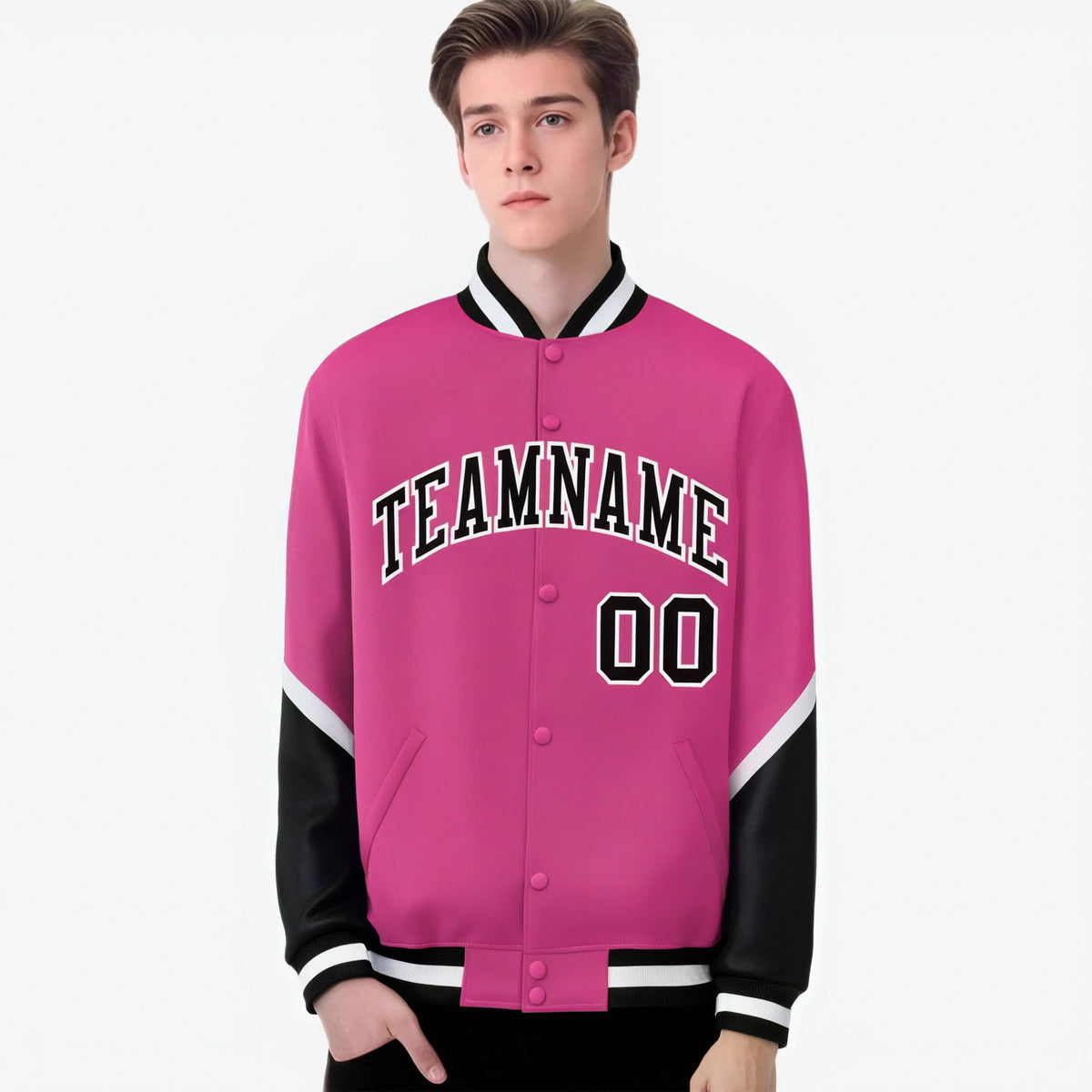 Custom Pink Black-White Varsity Full-Snap Color Block Letterman Jacket
