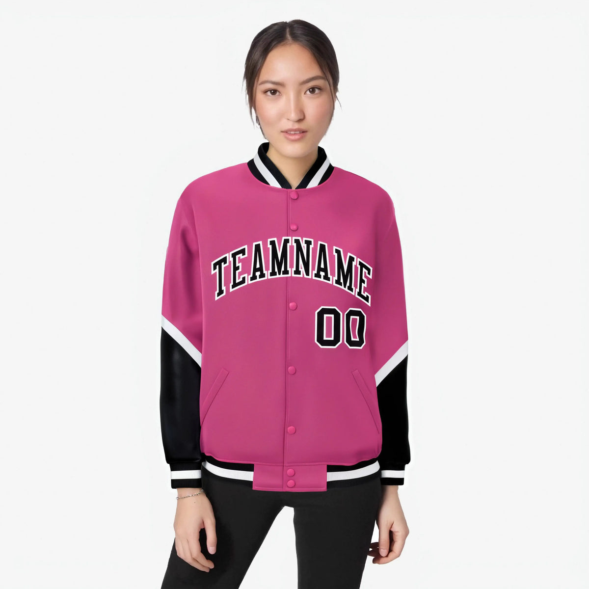 Custom Pink Black-White Varsity Full-Snap Color Block Letterman Jacket