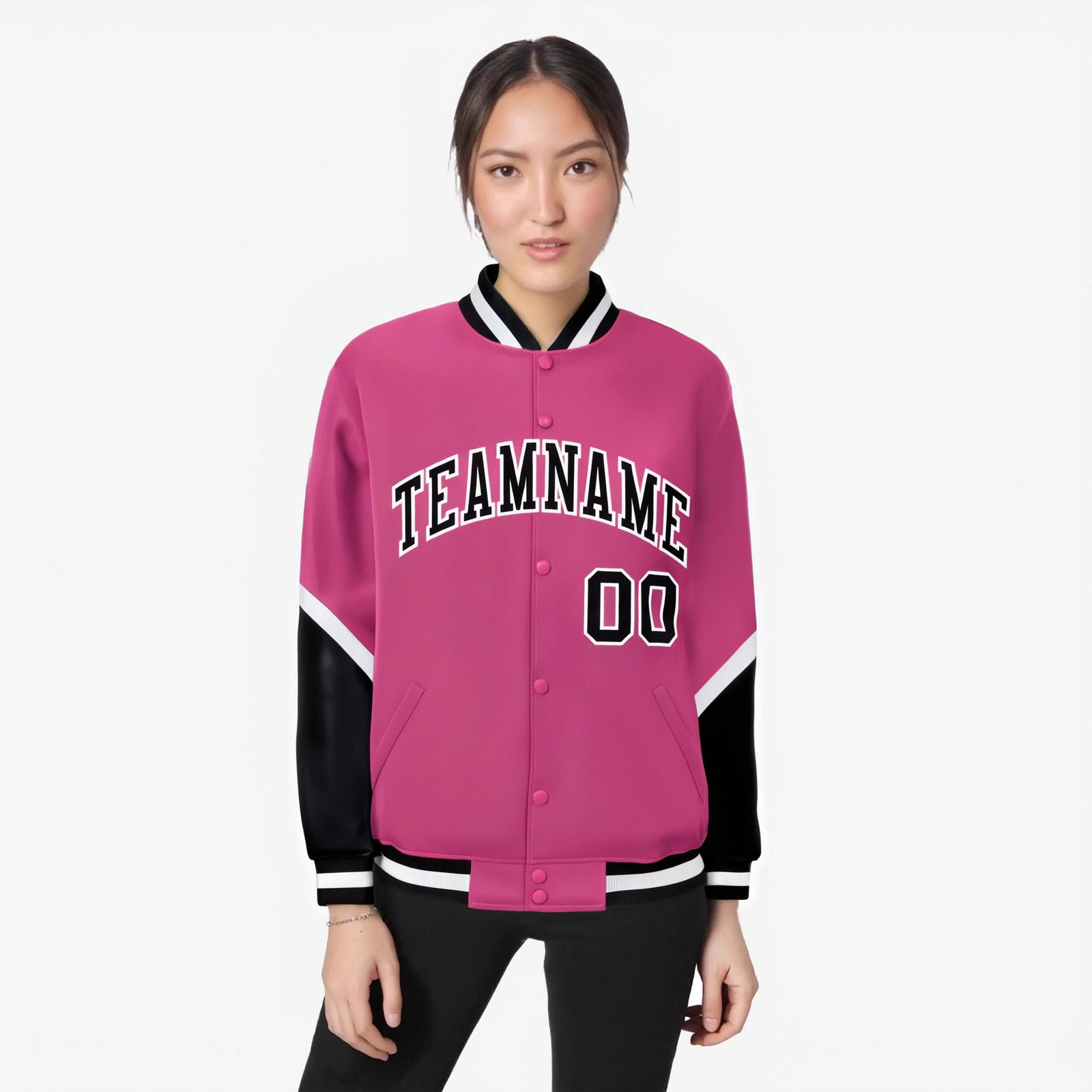 Custom Pink Black-White Varsity Full-Snap Color Block Letterman Jacket