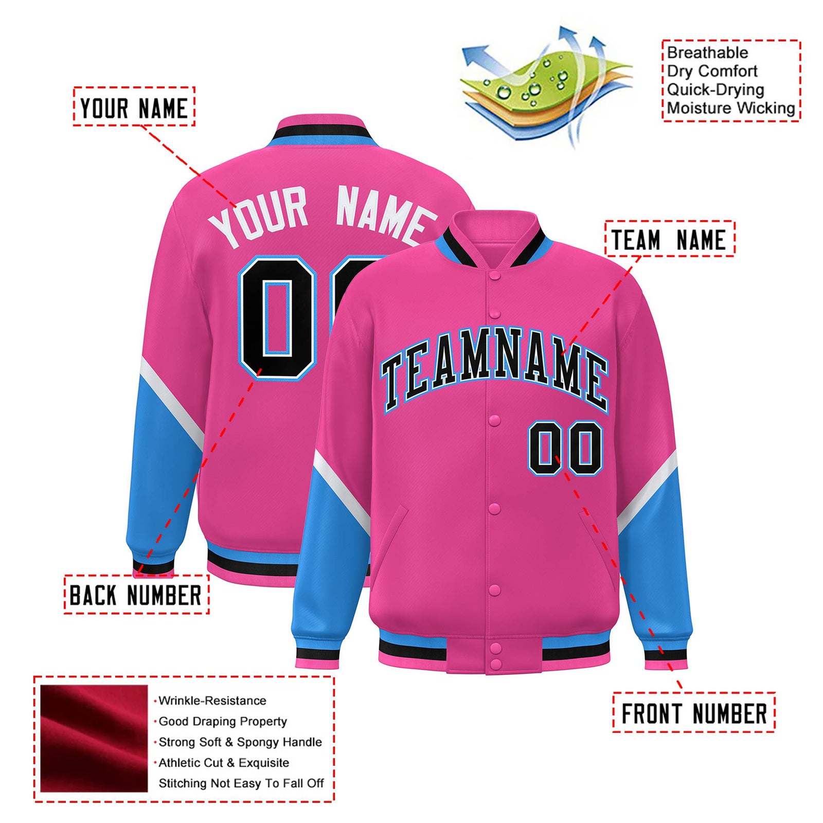 Custom Pink Powder Blue-Black Varsity Full-Snap Color Block Letterman Jacket