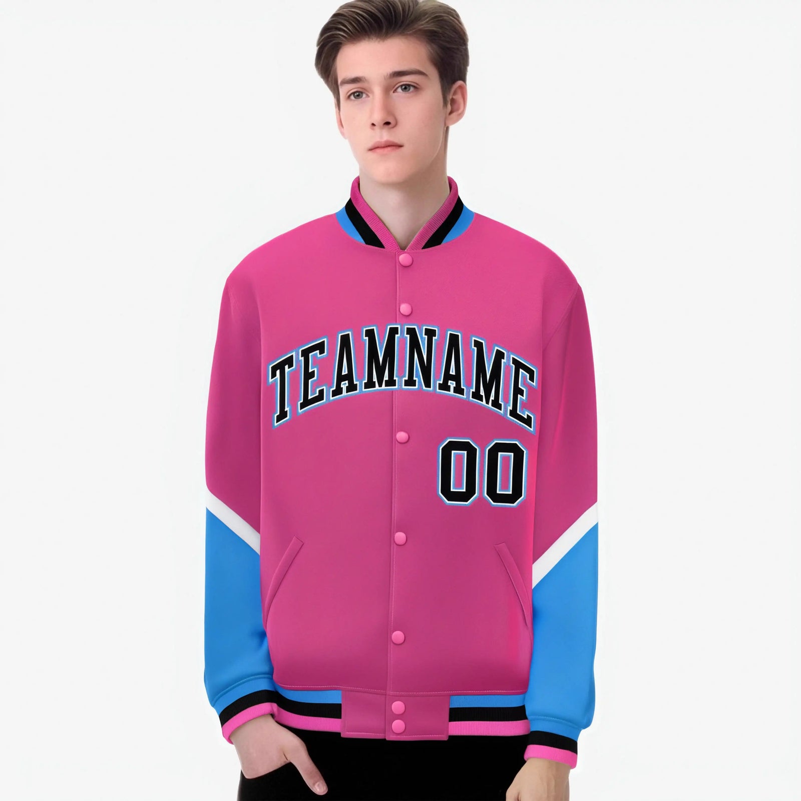 Custom Pink Powder Blue-Black Varsity Full-Snap Color Block Letterman Jacket