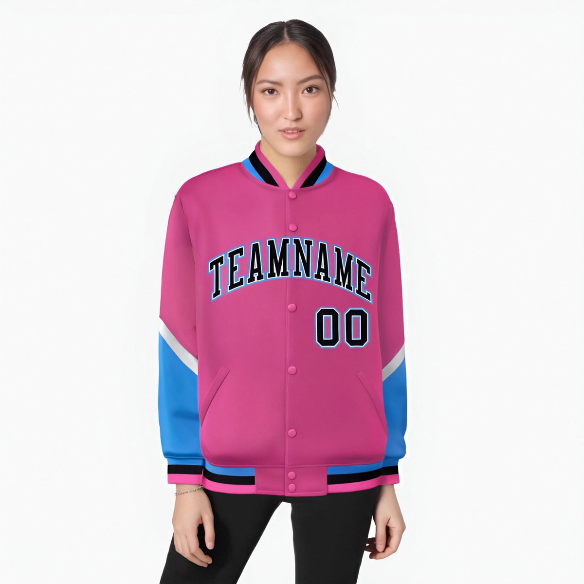 Custom Pink Powder Blue-Black Varsity Full-Snap Color Block Letterman Jacket