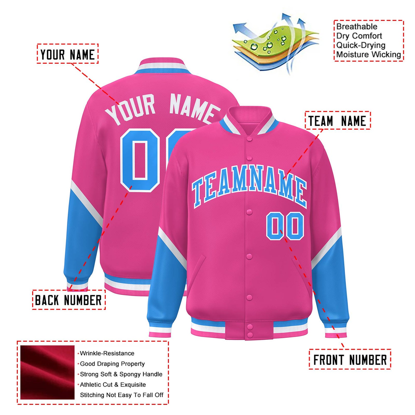 Custom Pink Powder Blue-White Varsity Full-Snap Color Block Letterman Jacket