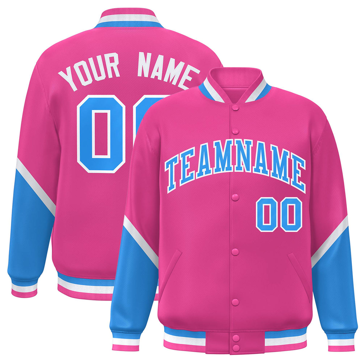 Custom Pink Powder Blue-White Varsity Full-Snap Color Block Letterman Jacket