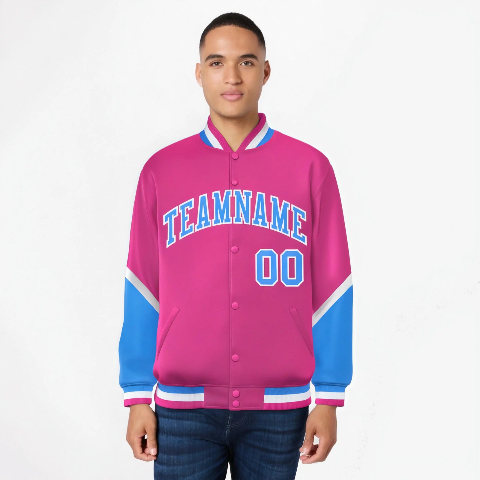 Custom Pink Powder Blue-White Varsity Full-Snap Color Block Letterman Jacket