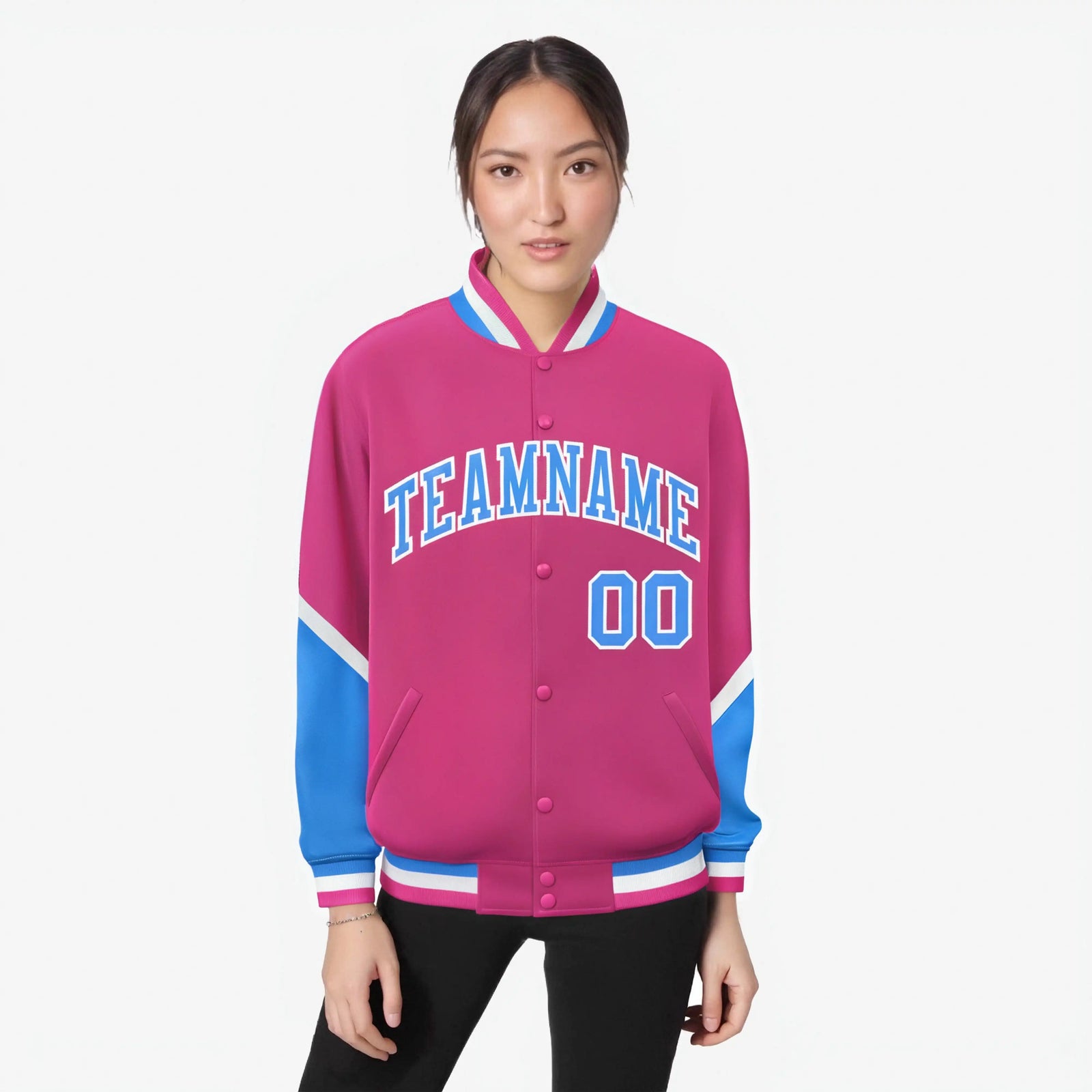 Custom Pink Powder Blue-White Varsity Full-Snap Color Block Letterman Jacket