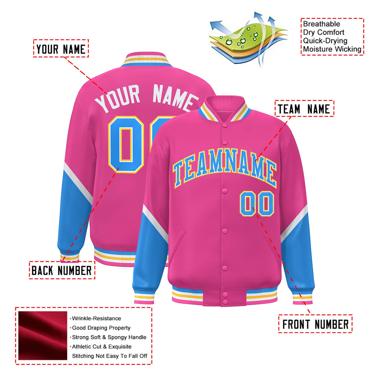 Custom Pink Powder Blue-Gold Varsity Full-Snap Color Block Letterman Jacket