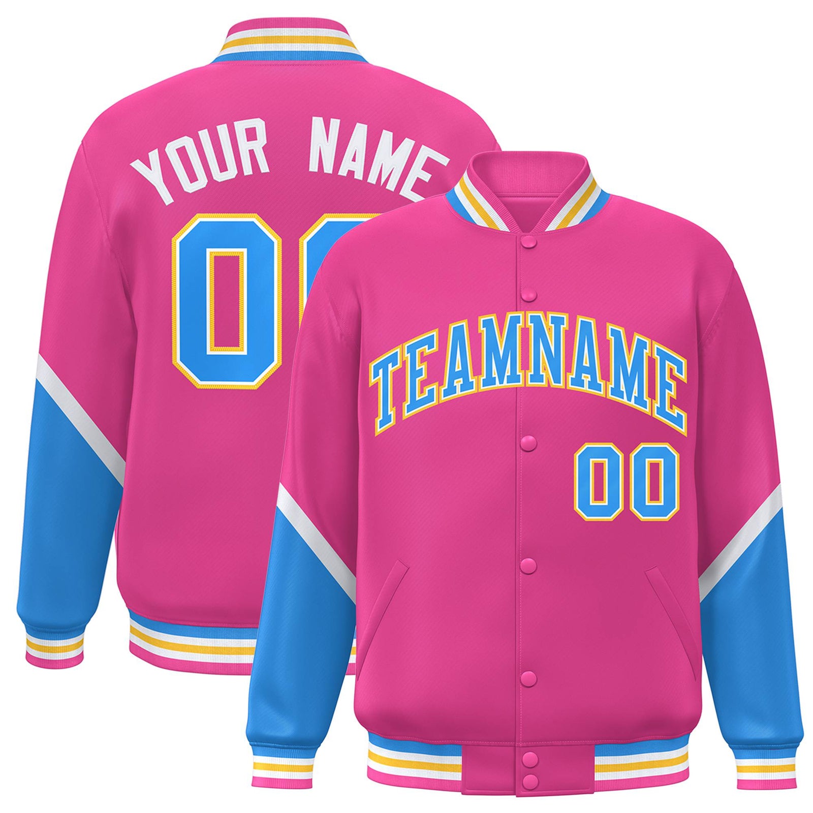 Custom Pink Powder Blue-Gold Varsity Full-Snap Color Block Letterman Jacket