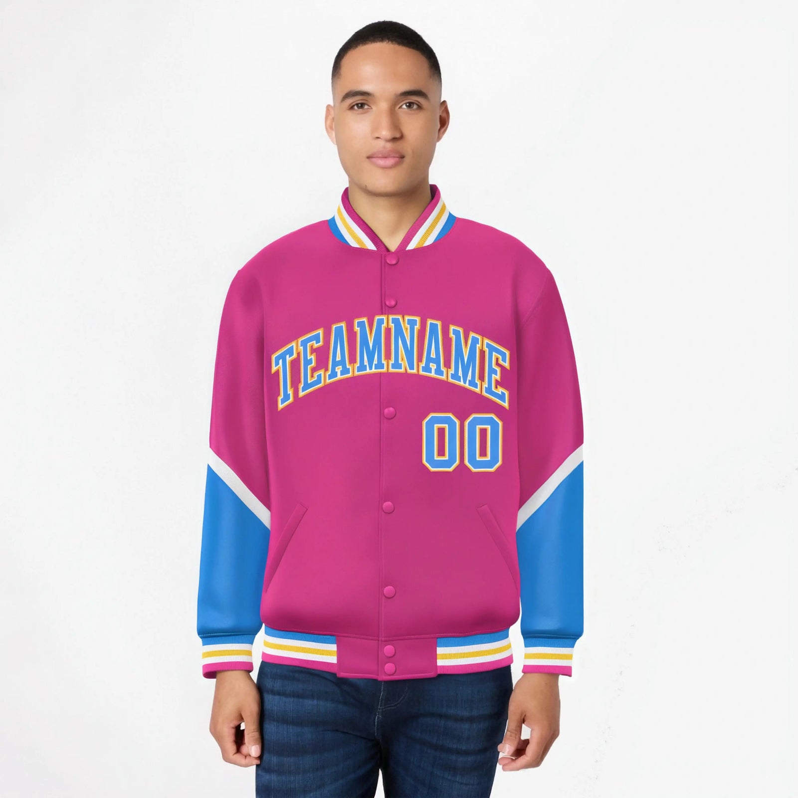 Custom Pink Powder Blue-Gold Varsity Full-Snap Color Block Letterman Jacket
