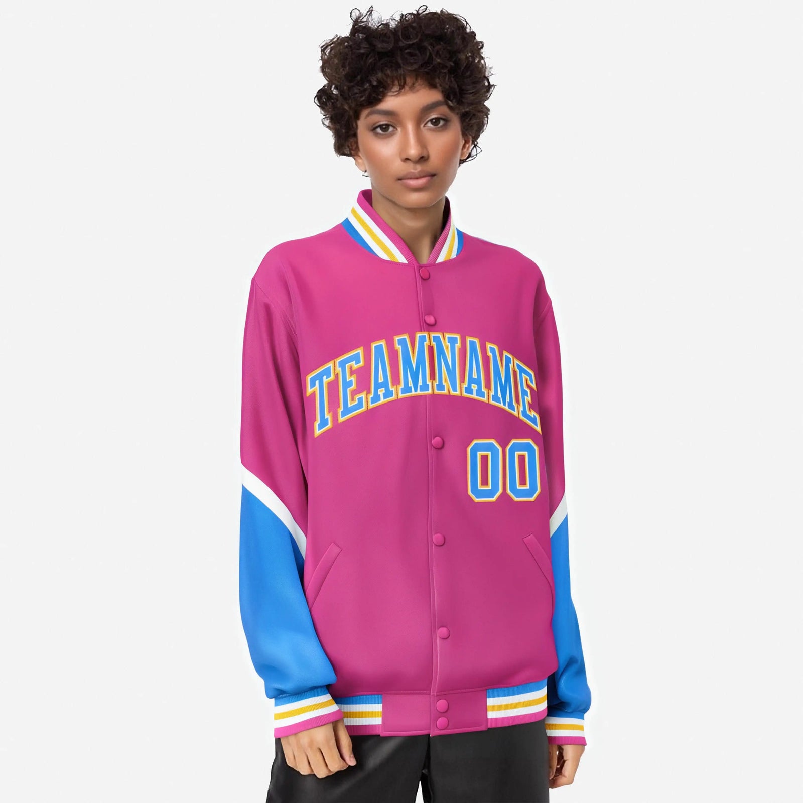 Custom Pink Powder Blue-Gold Varsity Full-Snap Color Block Letterman Jacket