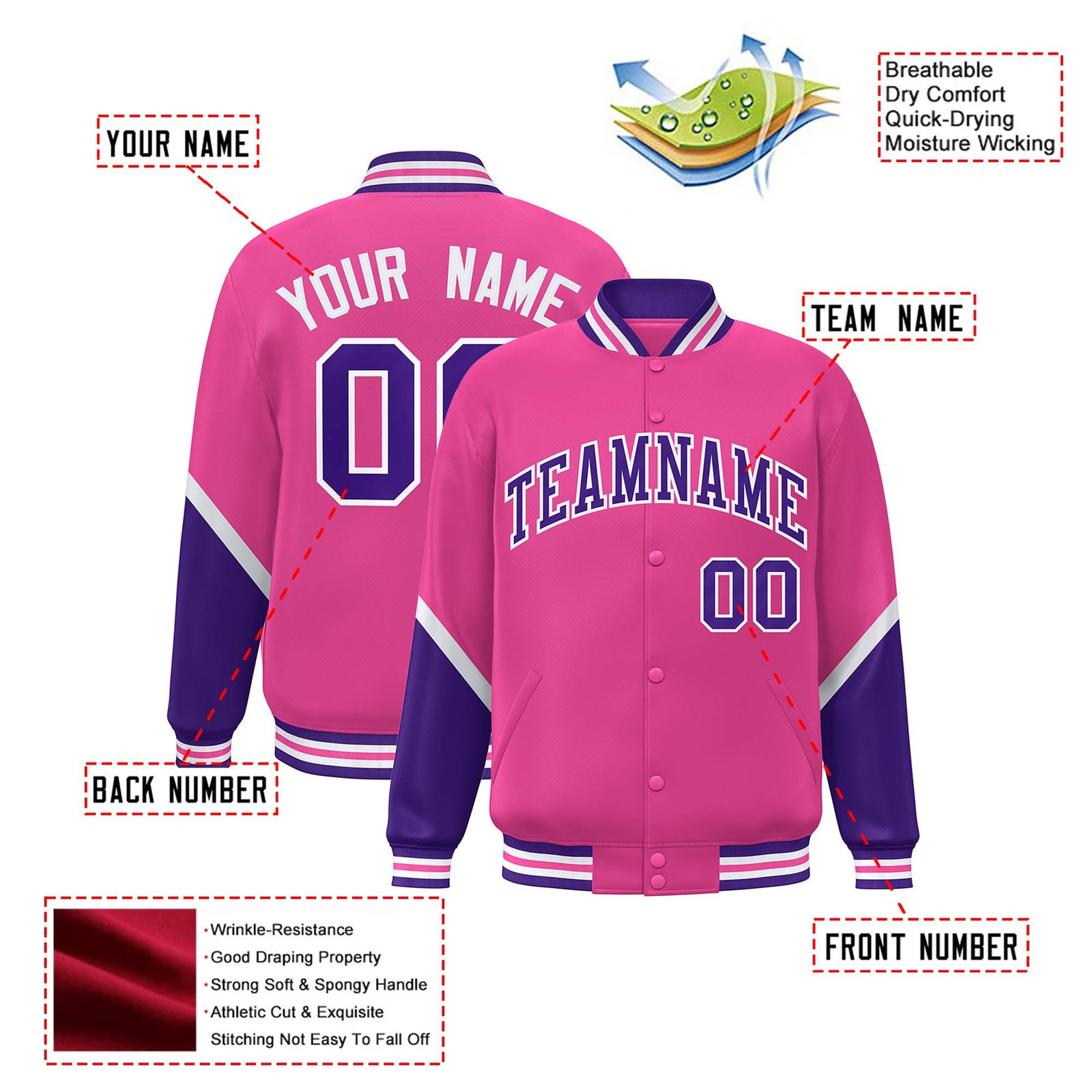 Custom Pink Purple-White Varsity Full-Snap Color Block Letterman Jacket