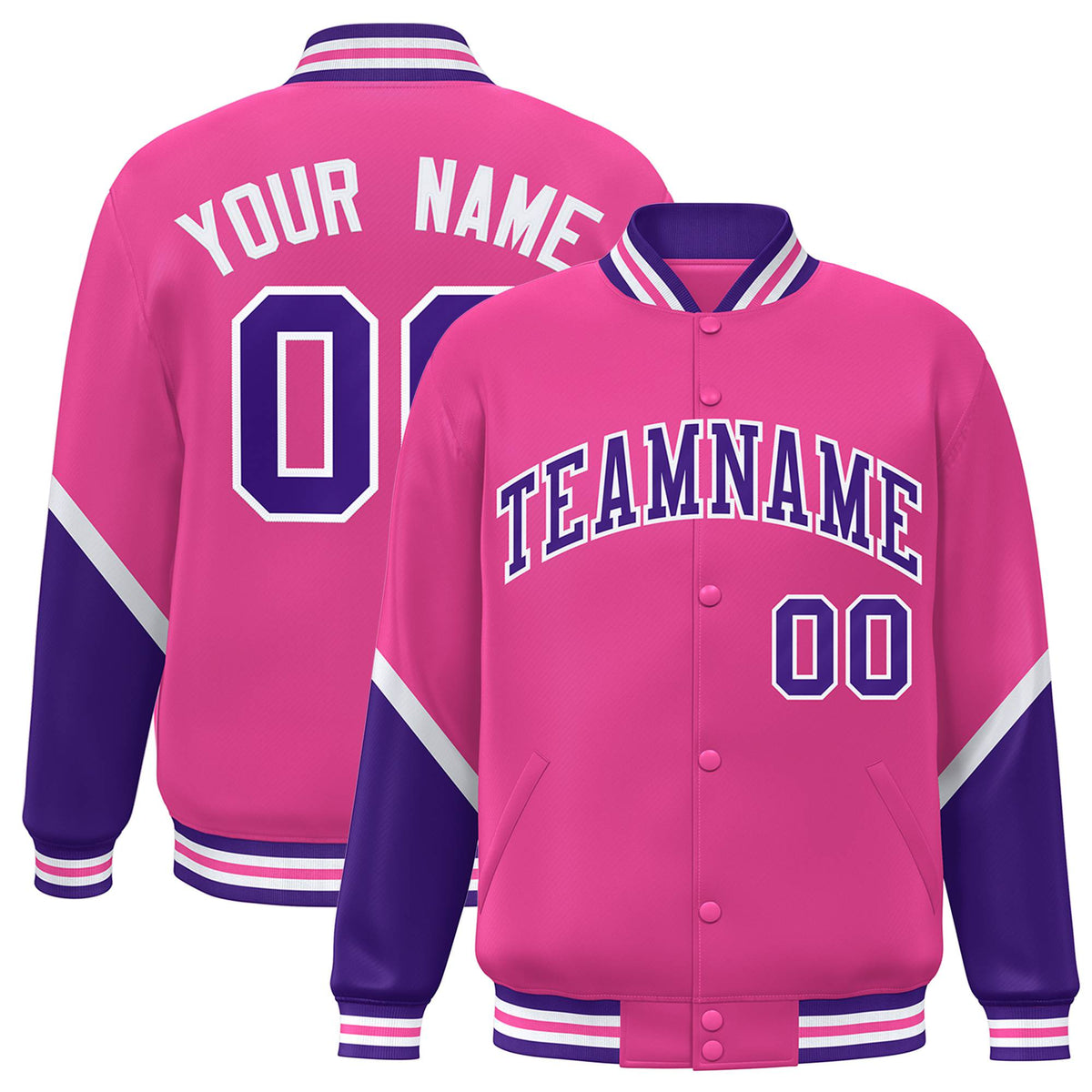 Custom Pink Purple-White Varsity Full-Snap Color Block Letterman Jacket