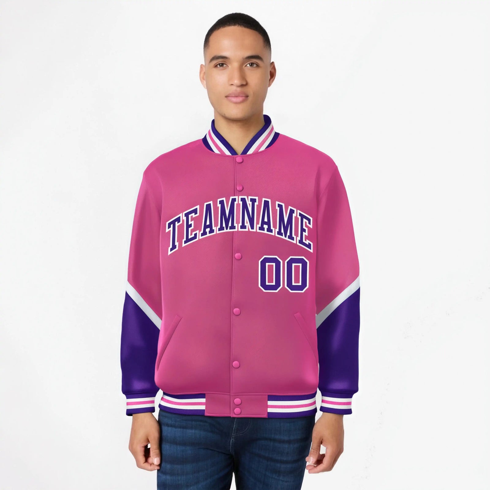 Custom Pink Purple-White Varsity Full-Snap Color Block Letterman Jacket