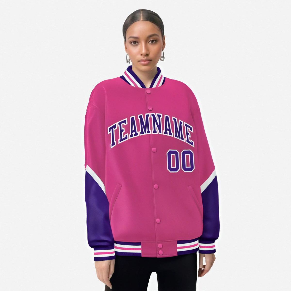 Custom Pink Purple-White Varsity Full-Snap Color Block Letterman Jacket