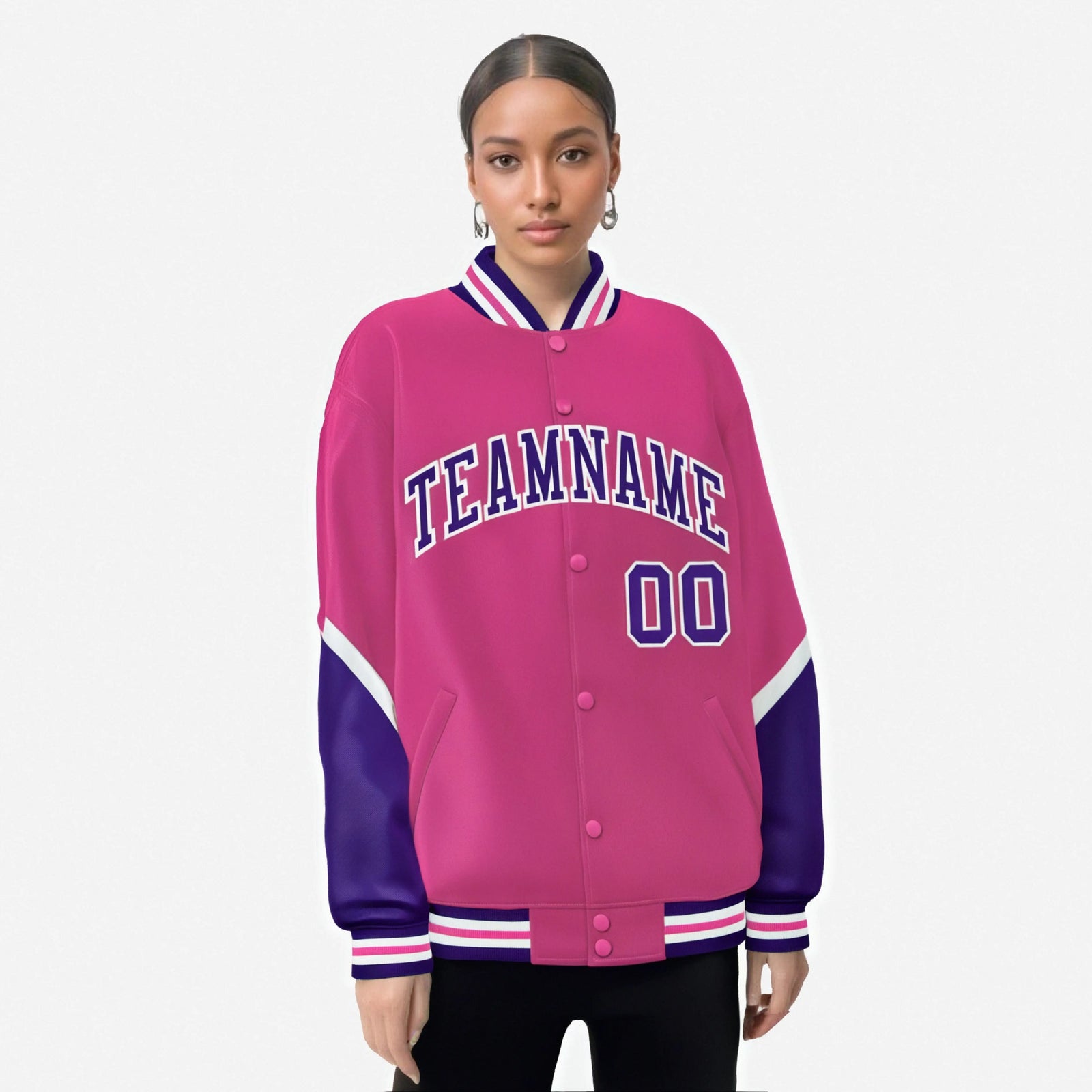 Custom Pink Purple-White Varsity Full-Snap Color Block Letterman Jacket