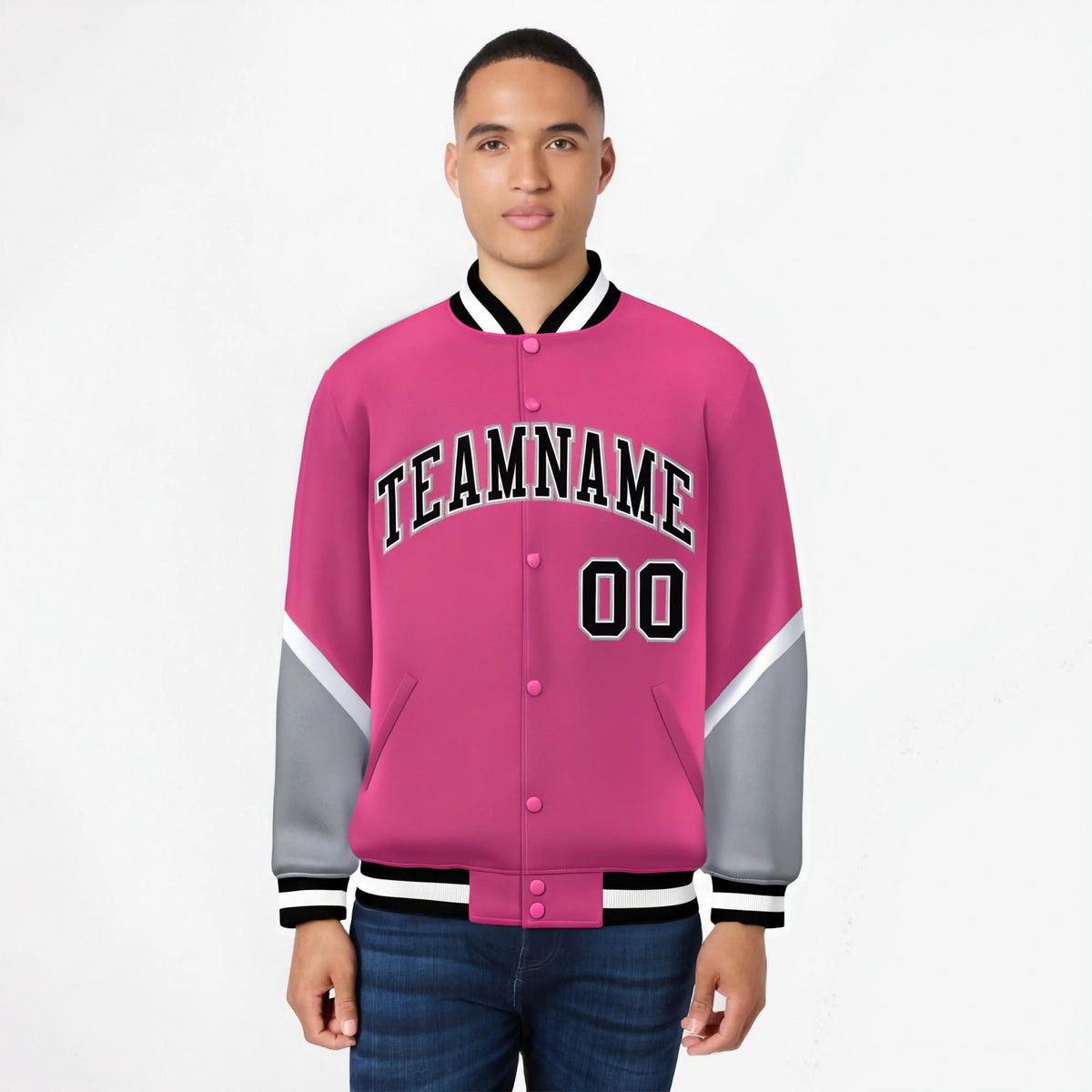 Custom Pink Gray-Black Varsity Full-Snap Color Block Letterman Jacket
