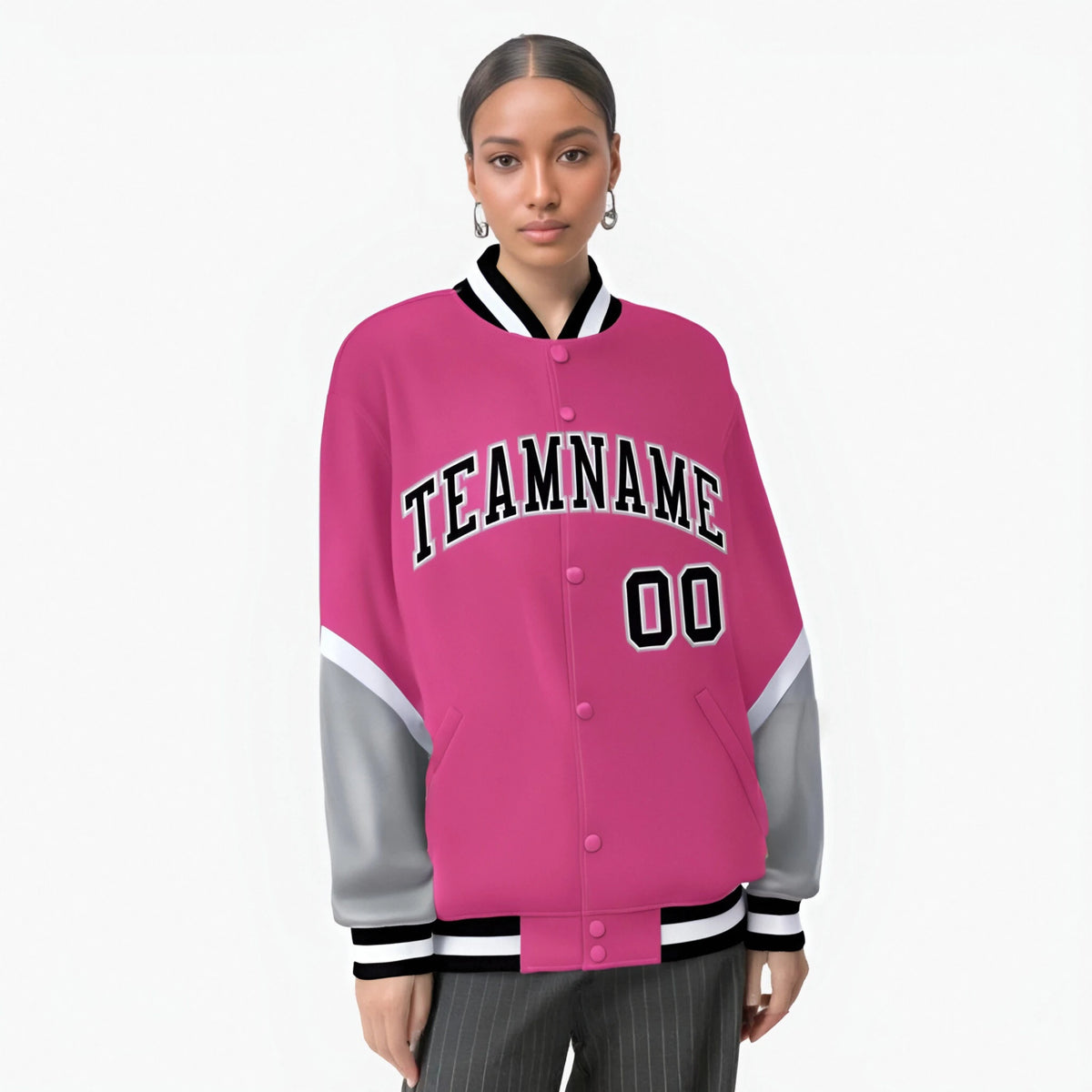 Custom Pink Gray-Black Varsity Full-Snap Color Block Letterman Jacket