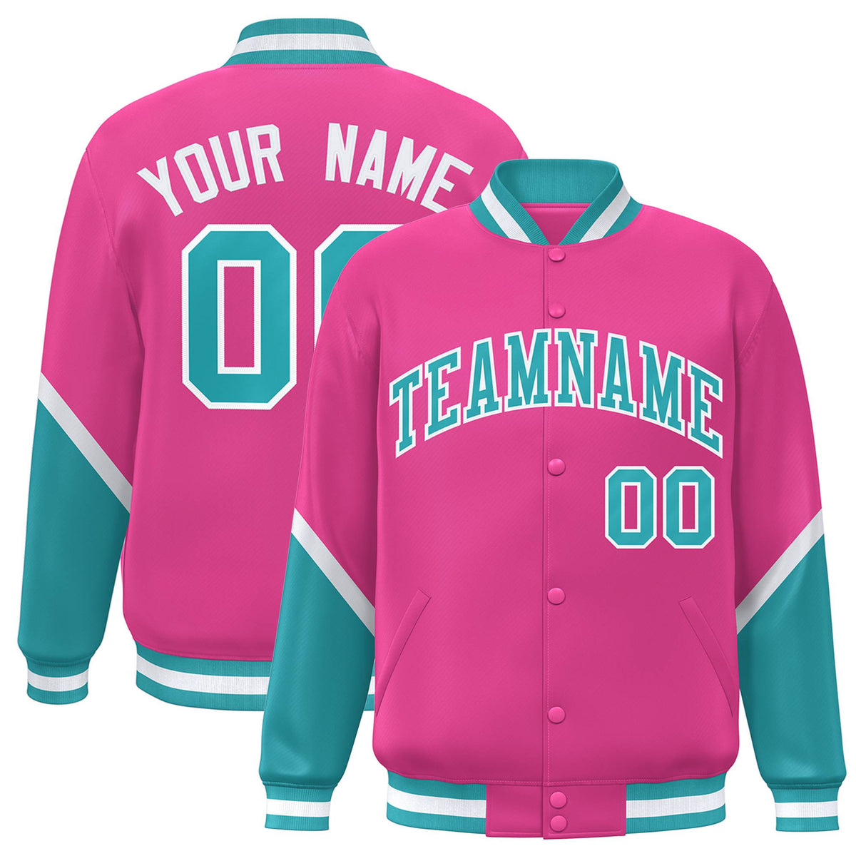 Custom Pink Aqua-White Varsity Full-Snap Color Block Letterman Jacket