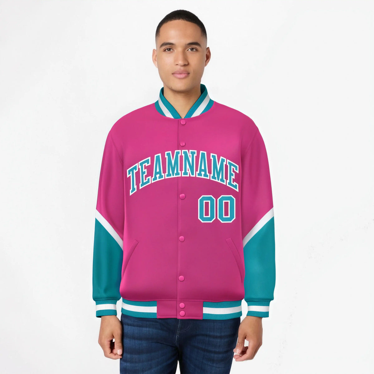 Custom Pink Aqua-White Varsity Full-Snap Color Block Letterman Jacket