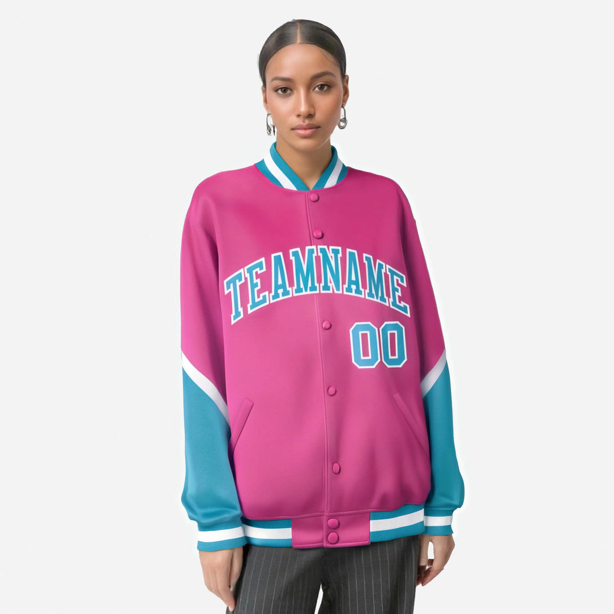 Custom Pink Aqua-White Varsity Full-Snap Color Block Letterman Jacket