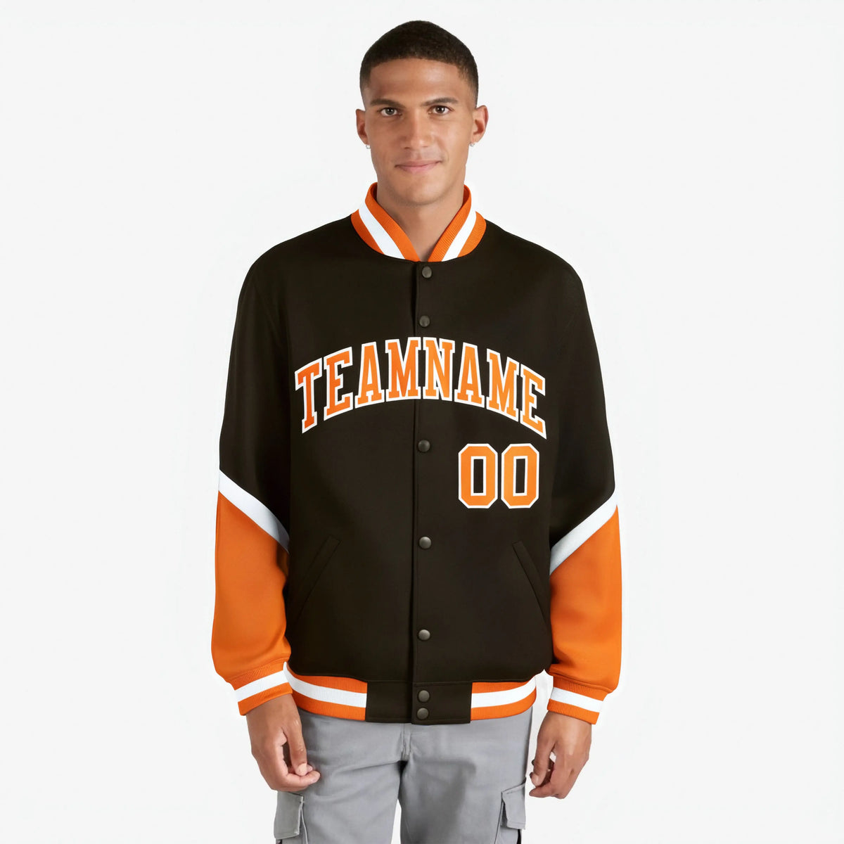 Custom Brown Orange-White Varsity Full-Snap Color Block Letterman Jacket