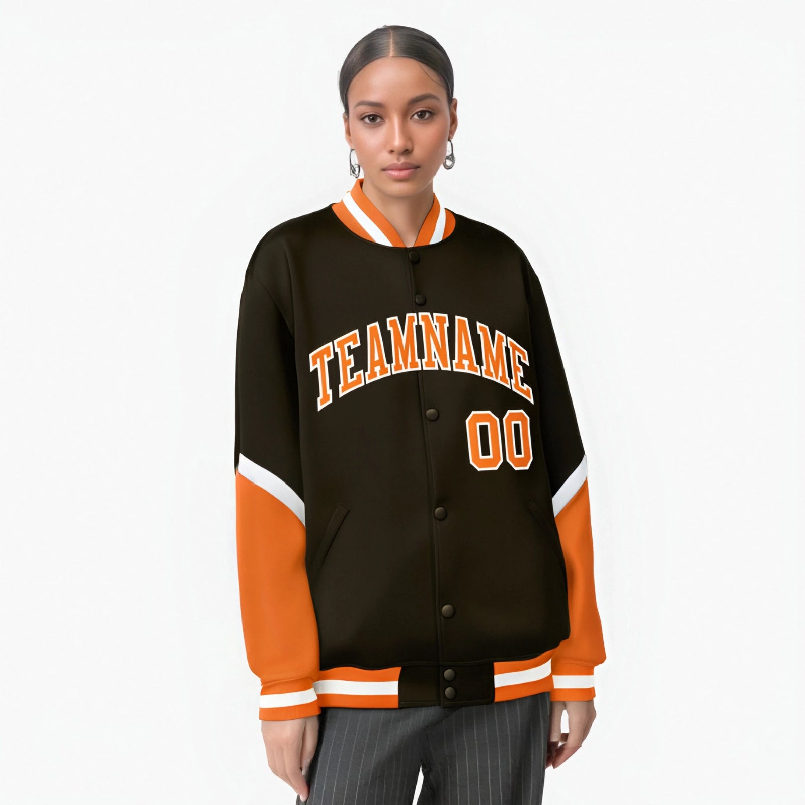 Custom Brown Orange-White Varsity Full-Snap Color Block Letterman Jacket
