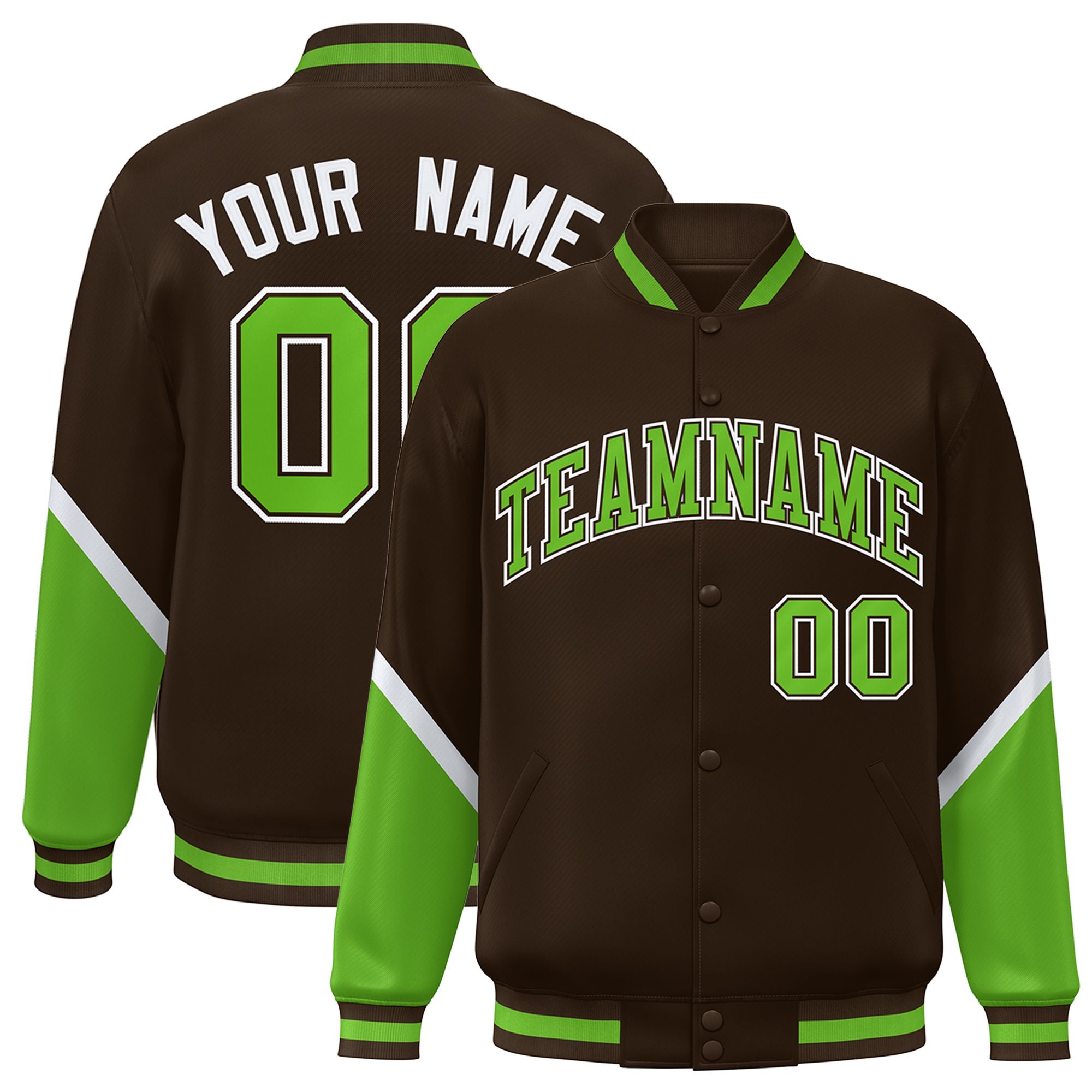 Custom Brown Neon Green-White Varsity Full-Snap Color Block Letterman Jacket