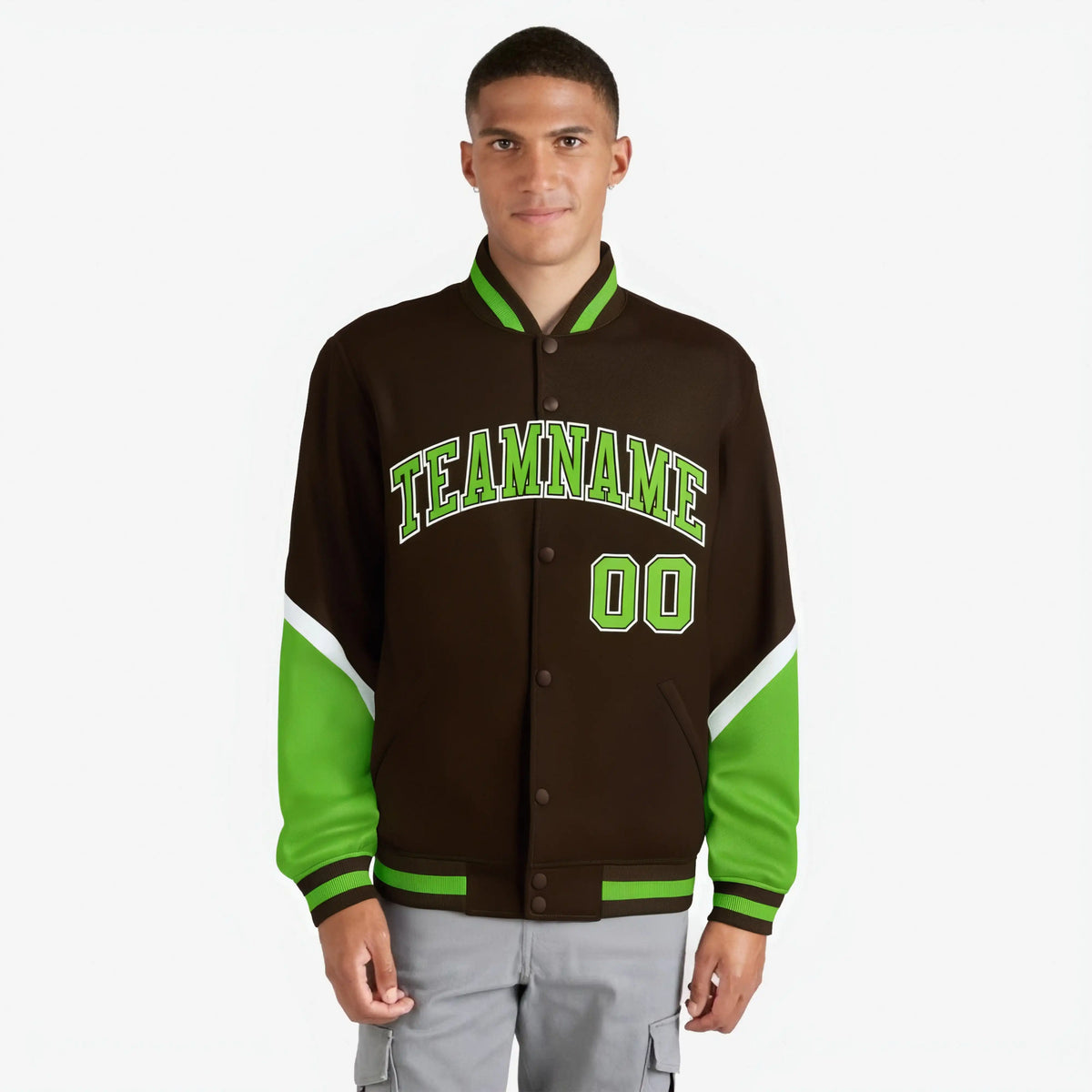 Custom Brown Neon Green-White Varsity Full-Snap Color Block Letterman Jacket