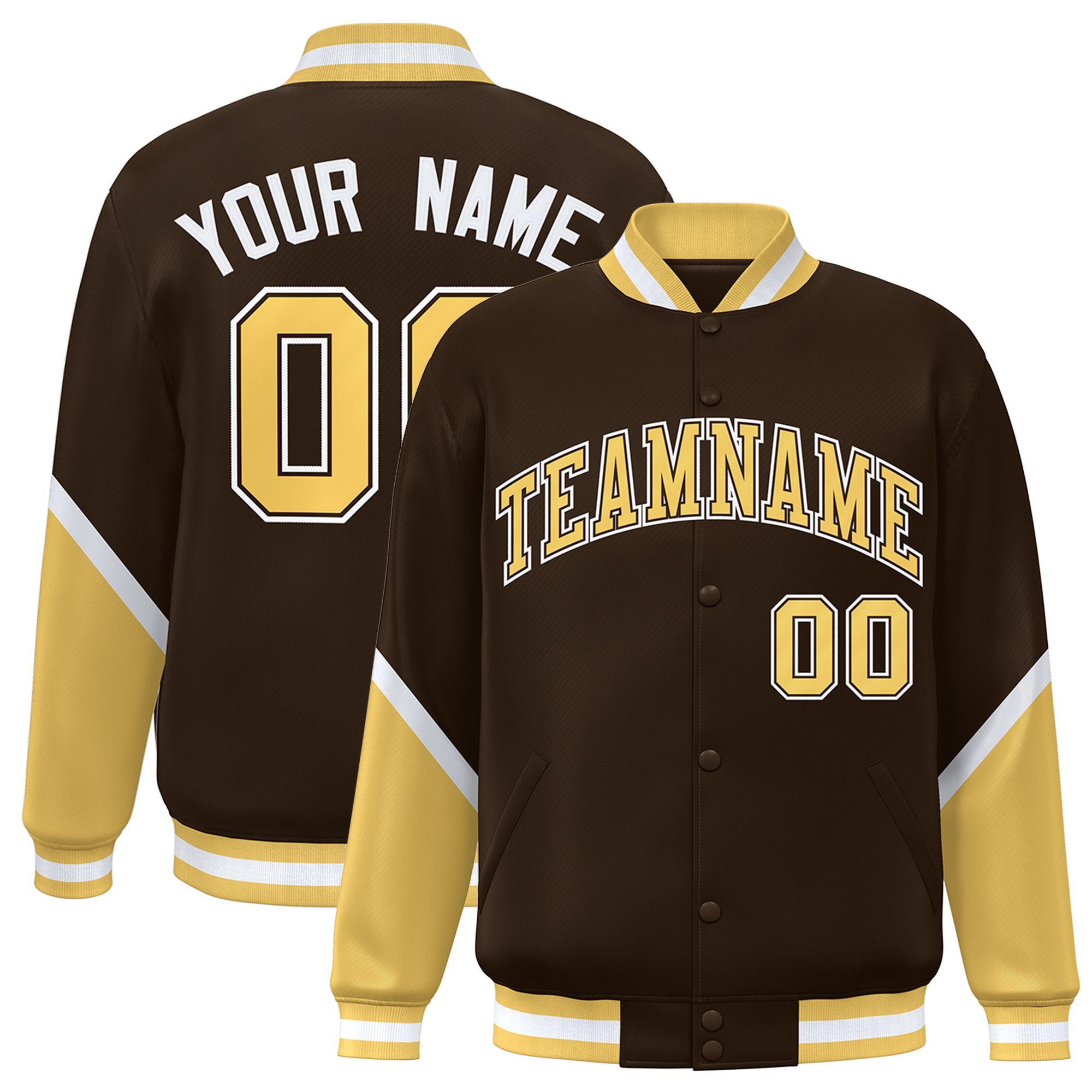 Custom Brown Khaki-White Varsity Full-Snap Color Block Letterman Jacket