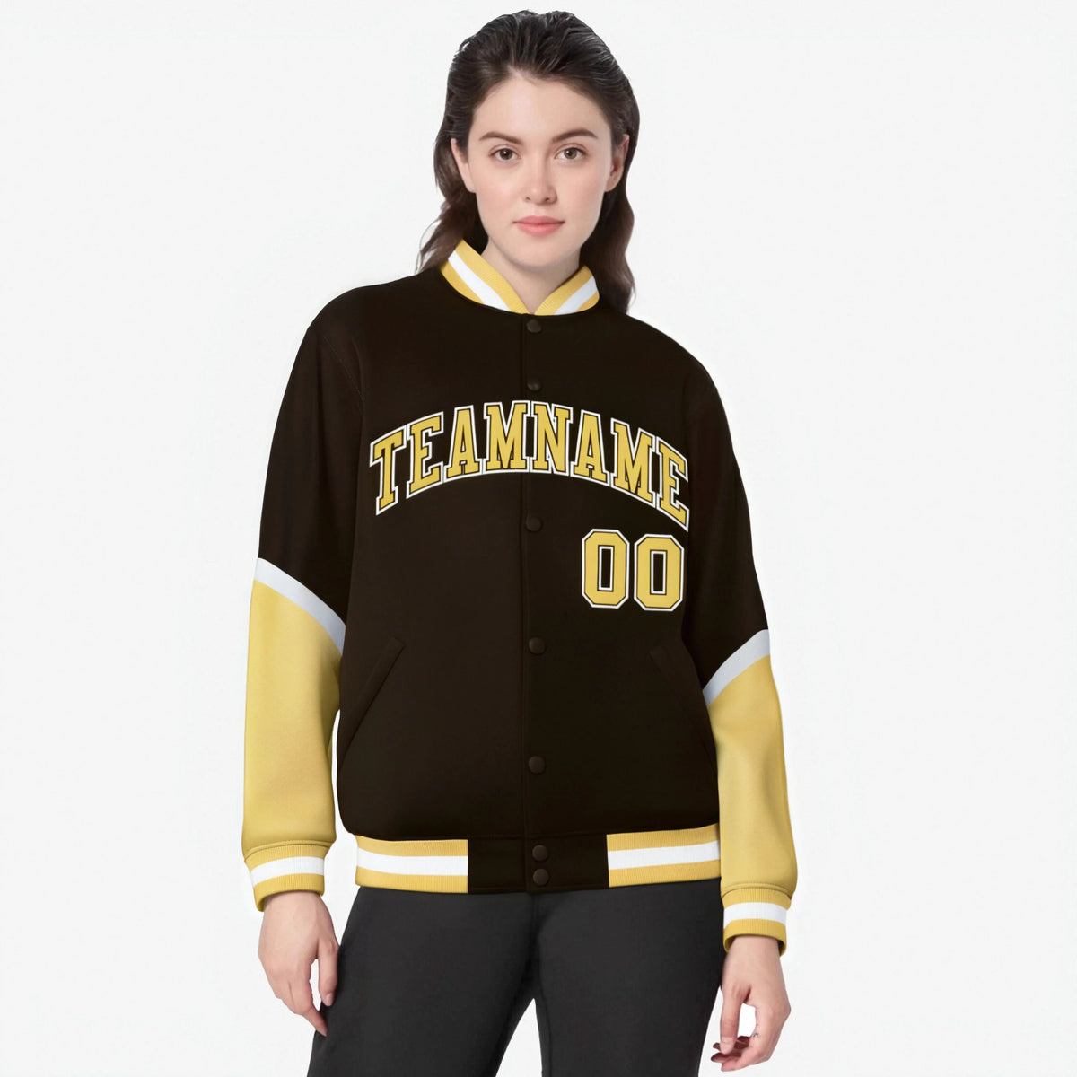 Custom Brown Khaki-White Varsity Full-Snap Color Block Letterman Jacket