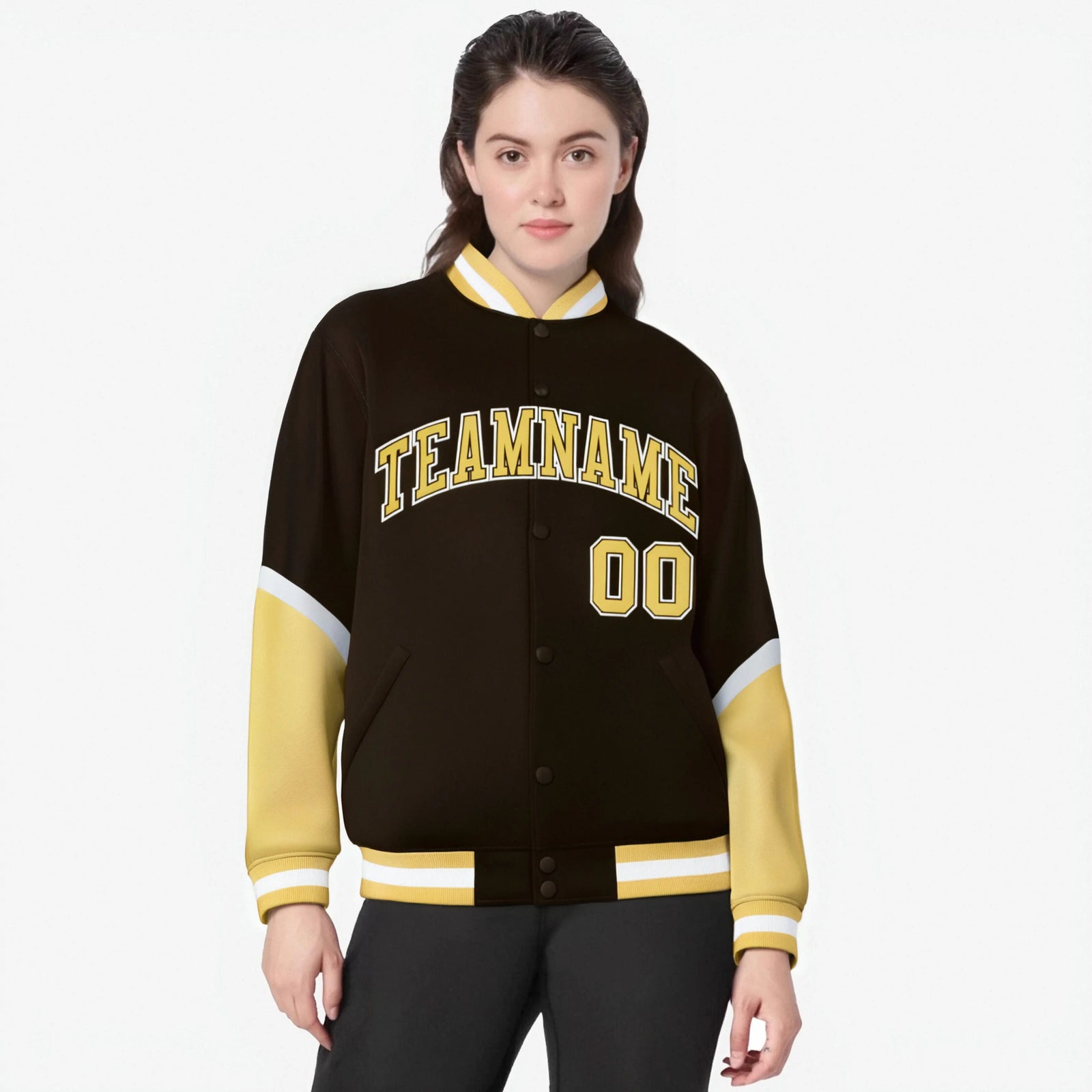 Custom Brown Khaki-White Varsity Full-Snap Color Block Letterman Jacket