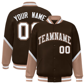 Chaqueta universitaria personalizada con diseño de letras en color marrón, marrón y blanco, con cierre a presión completo y bloques de color