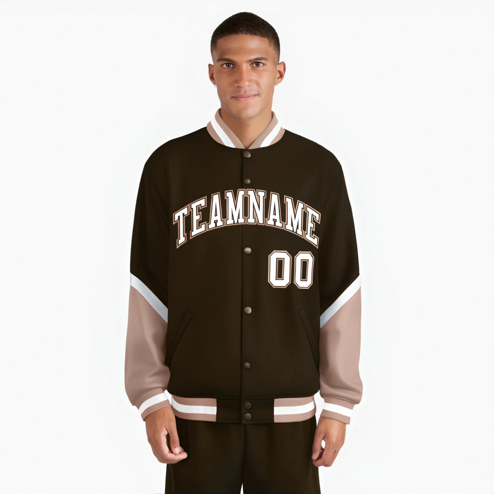 Custom Brown Light Brown-White Varsity Full-Snap Color Block Letterman Jacket