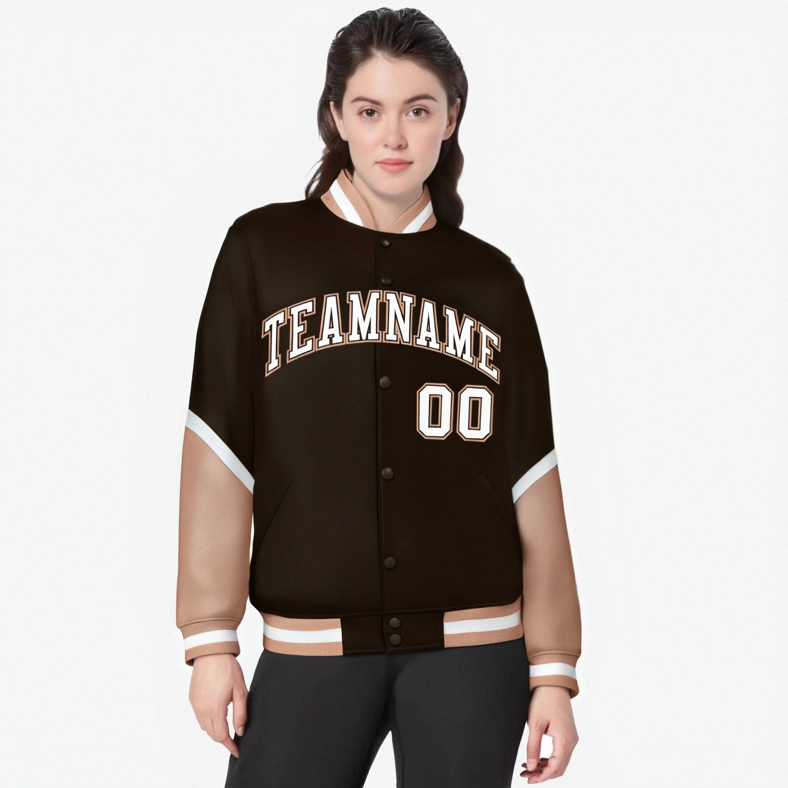 Custom Brown Light Brown-White Varsity Full-Snap Color Block Letterman Jacket