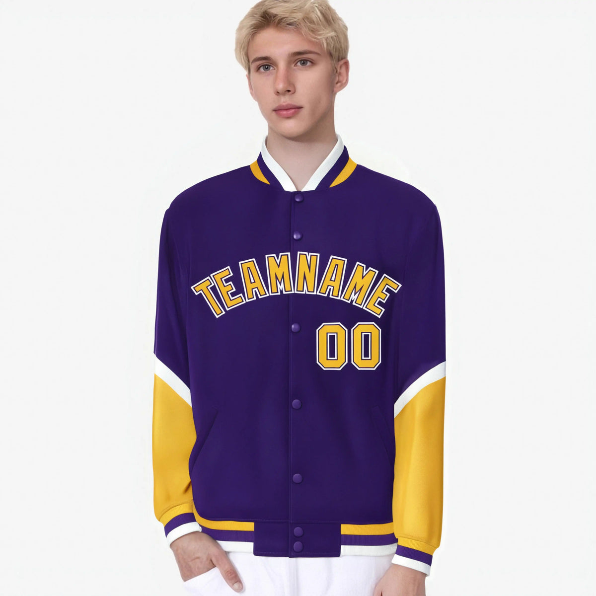 Custom Purple Gold-White Varsity Full-Snap Color Block Letterman Jacket