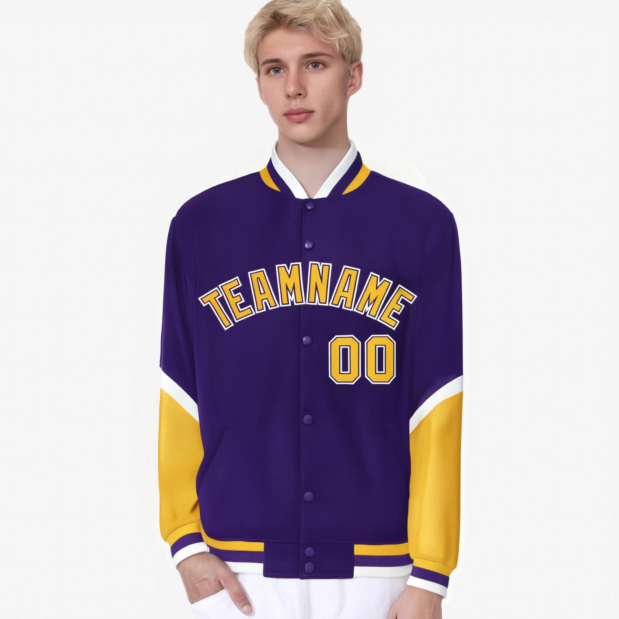 Custom Purple Gold-White Varsity Full-Snap Color Block Letterman Jacket