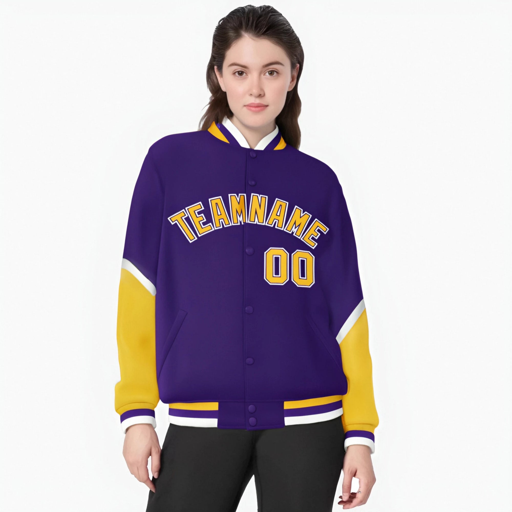 Custom Purple Gold-White Varsity Full-Snap Color Block Letterman Jacket