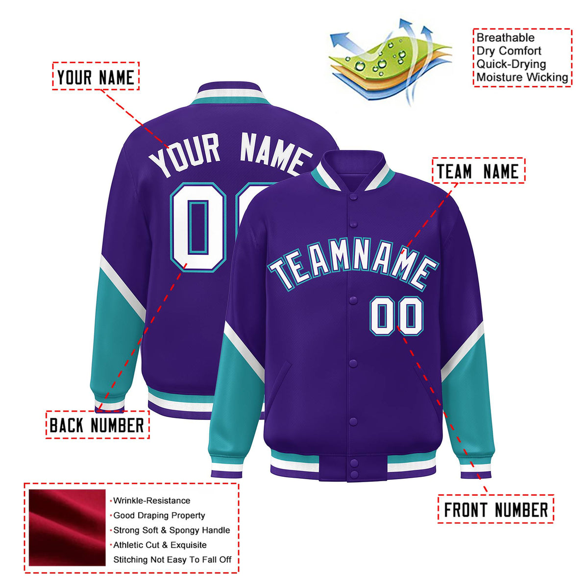 Custom Purple Aqua-White Varsity Full-Snap Color Block Letterman Jacket