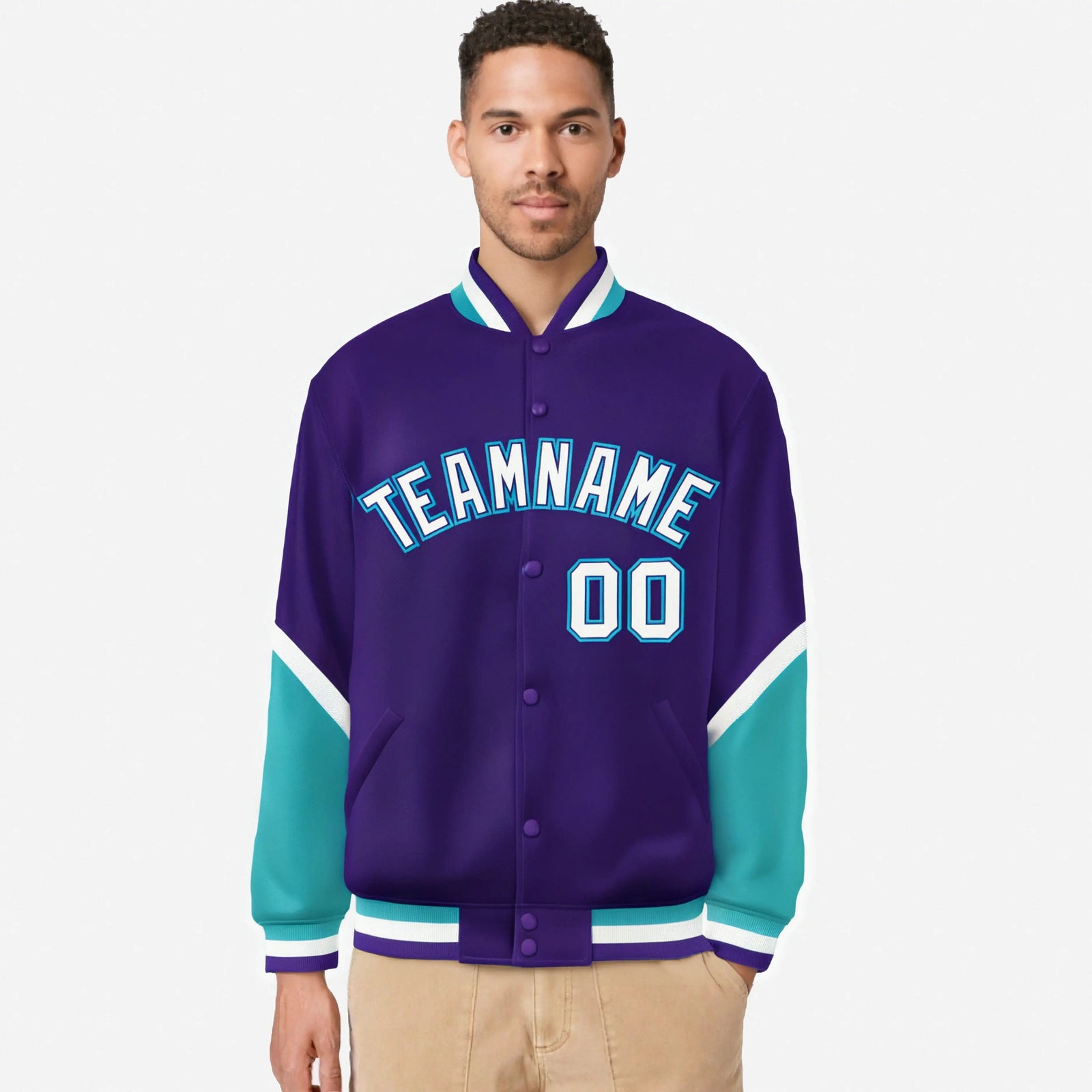 Custom Purple Aqua-White Varsity Full-Snap Color Block Letterman Jacket